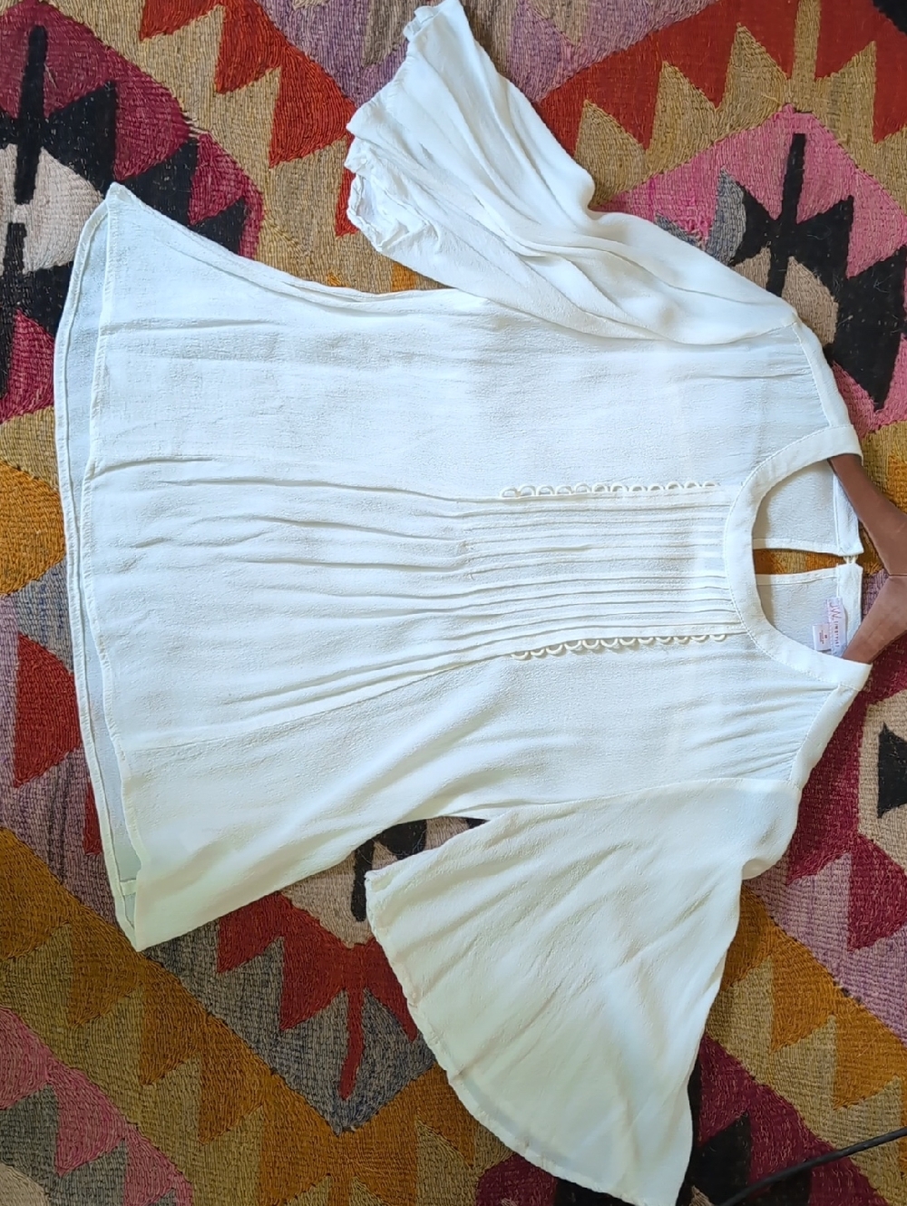 White Boho Pintuck Bell Sleeve Top